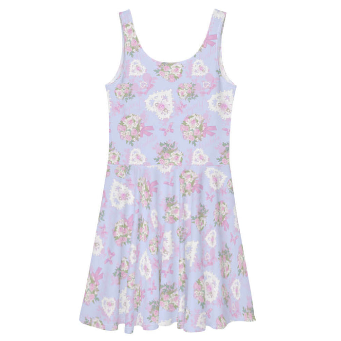 Anniversary kawaii skater dress in blush and periwinkle with baby's breath and damask roses