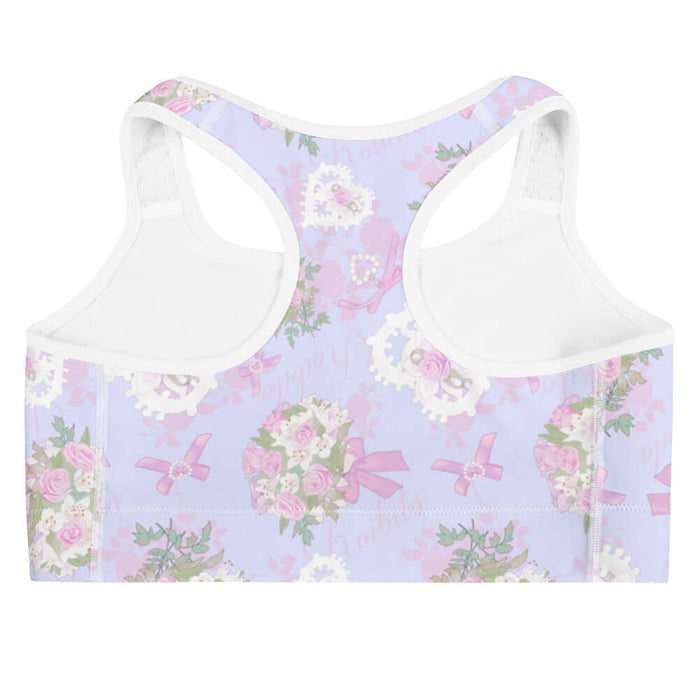 Anniversary kawaii sports bra in blush and periwinkle with trailing rose sprigs and lace hearts