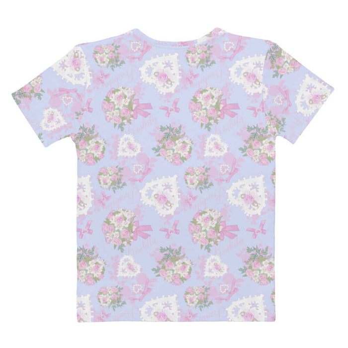 Anniversary kawaii tee in blush and periwinkle with pink rose bouquets and lace hearts