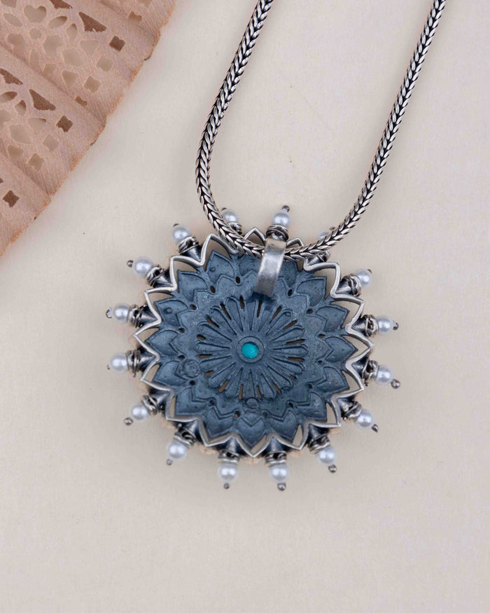 Anvaya Pearl Bordered Intricate Flower Pendant