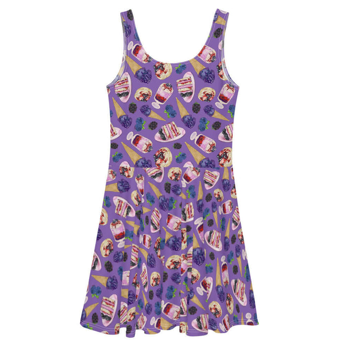 Berry kawaii skater dress in violet with layered berry cake and berry cream tarts