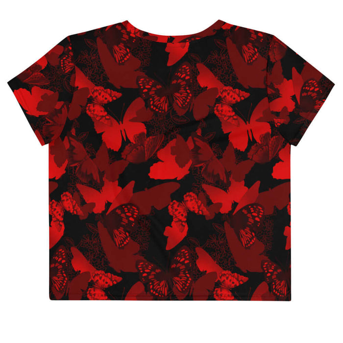 Butterfly kawaii crop top in crimson with scarlet butterflies and white-flecked wings