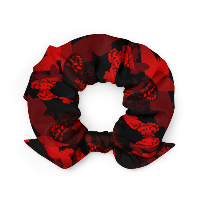 Butterfly kawaii scrunchie in crimson with scarlet butterflies and white-flecked wings