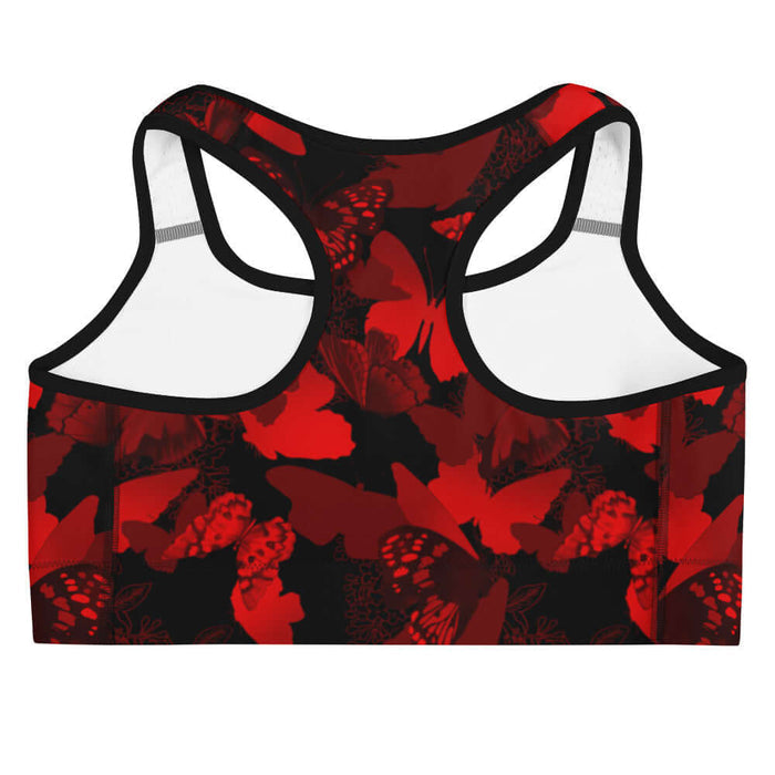Butterfly kawaii sports bra in crimson with scarlet butterflies and white-flecked wings