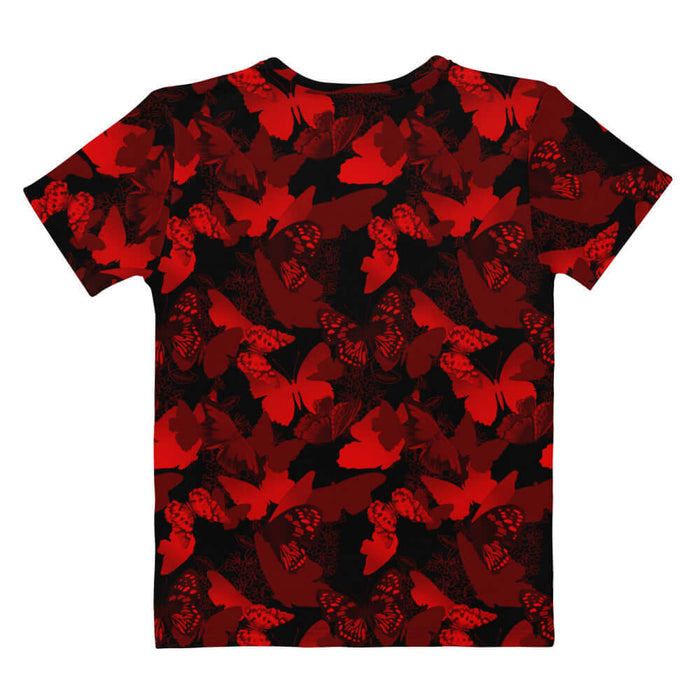 Butterfly kawaii t-shirt in crimson with scarlet butterflies and white-flecked wings