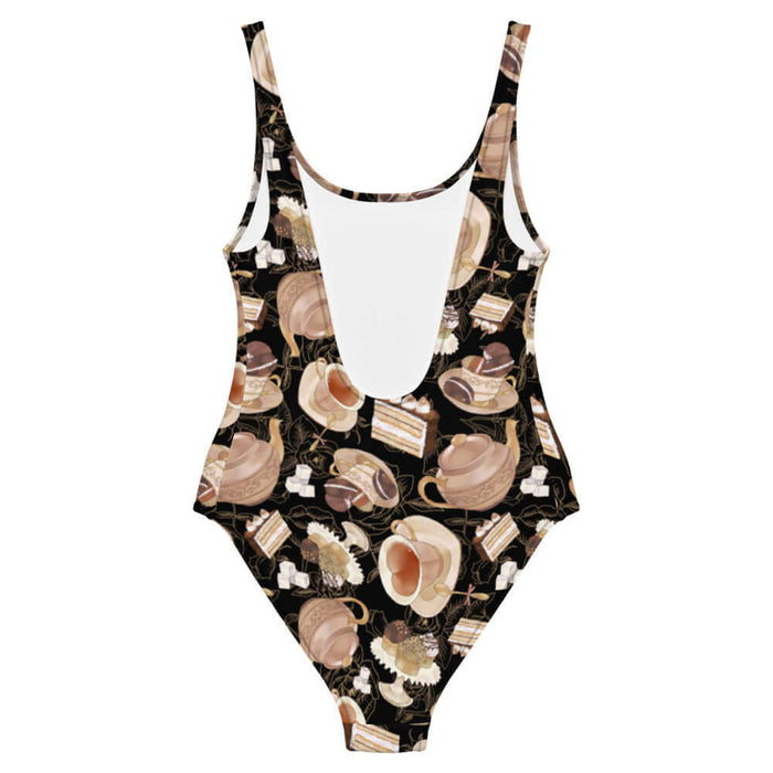 Latte kawaii Café one-piece swimsuit with heart-shaped teacups and chocolate macarons