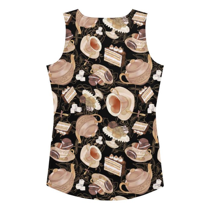 Latte kawaii Café tank top with heart-shaped teacups and chocolate macarons