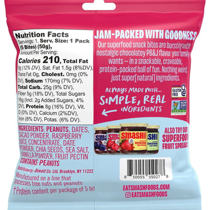 A bag of CHIA SMASH's Chocolate Peanut Butter and Raspberry Snack Bites is shown as protein-packed balls. The pink and red packaging prominently features "gluten-free" and "vegan" labels, with images of three superfood bites and raspberries on the front.