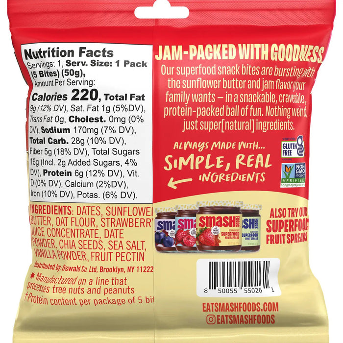 Introducing our CHIA SMASH - SUNFLOWER BUTTER AND STRAWBERRY SNACK BITES, a gluten-free, protein-packed treat with simple ingredients like sunflower seeds and dates for a delightful on-the-go snack.