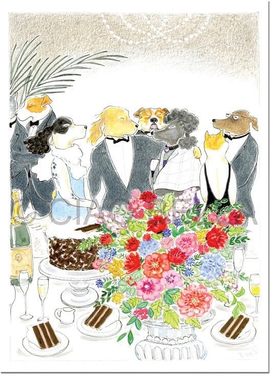 CIAO BELLA - BLACK TIE CARD by CIAO BELLA features elegantly dressed dogs in tuxedos and gowns socializing at a lavish party with cake, champagne, flowers, teacups, and a blank note card.