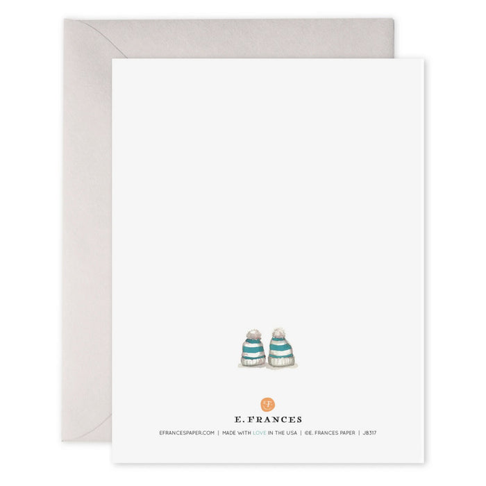 The E. FRANCES PAPER - MATE FOR LIFE card features two illustrated penguins holding flippers and wearing scarves with “mate for life” above them. Printed on heavyweight paper, it includes a light gray envelope from E. FRANCES PAPER.