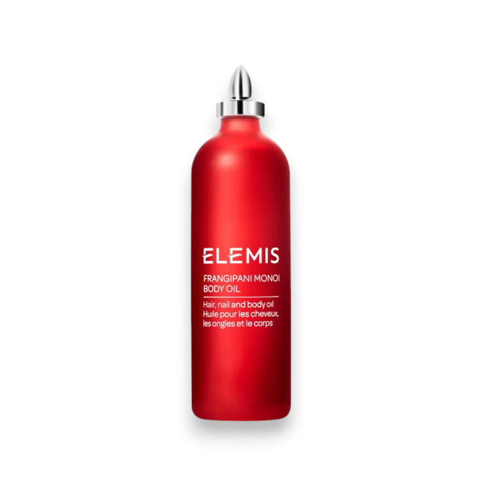 A vibrant red ELEMIS - FRANGIPANI MONOI BODY OIL bottle features a silver cap. The label reads: "Hair, nail, and body oil. Huile pour les cheveux, les ongles et le corps," showcasing its nourishing blend of frangipani and coconut oils. Brand: ELEMIS - STEINER.