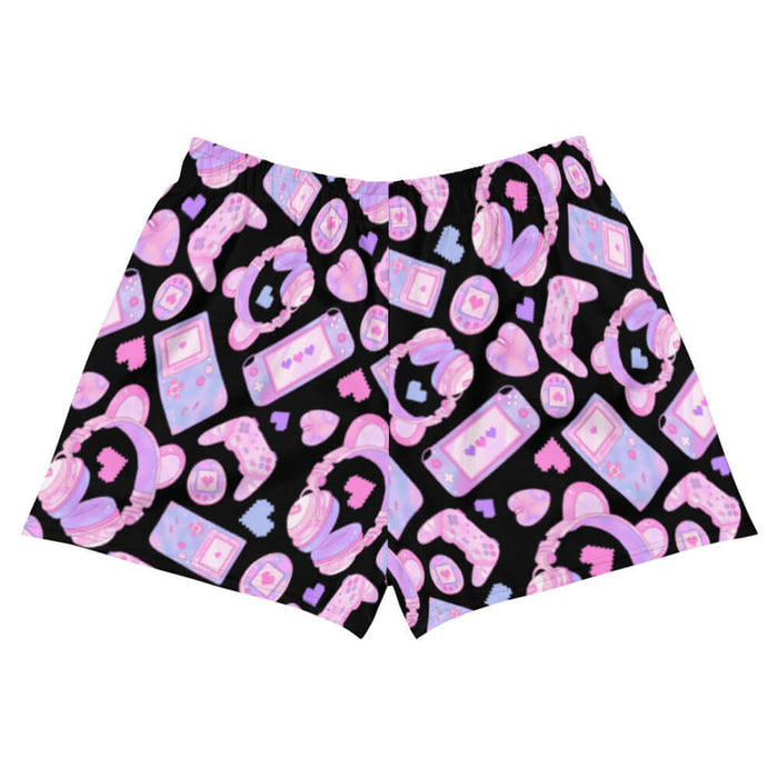 Gamer Girl kawaii athletic shorts in black with twin joysticks and pastel handhelds