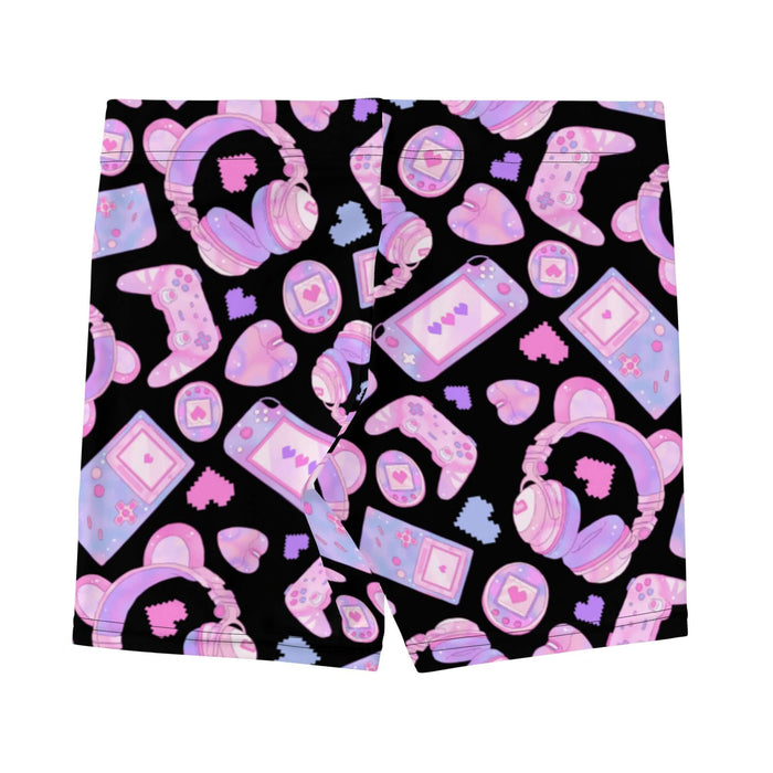 Gamer Girl kawaii shorts in black with twin joysticks and pastel handhelds