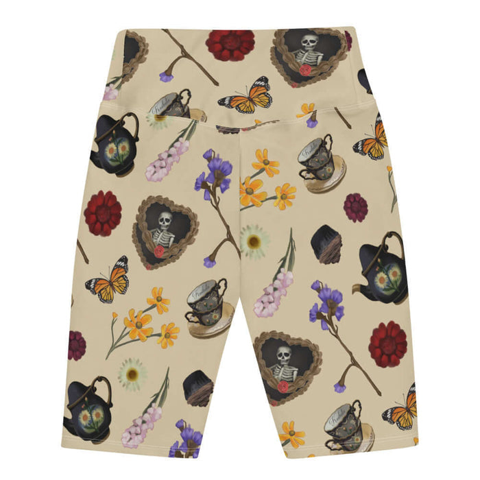 Gothic Tea Time biker shorts in black with monarch butterflies and crimson dahlias, goth fashion