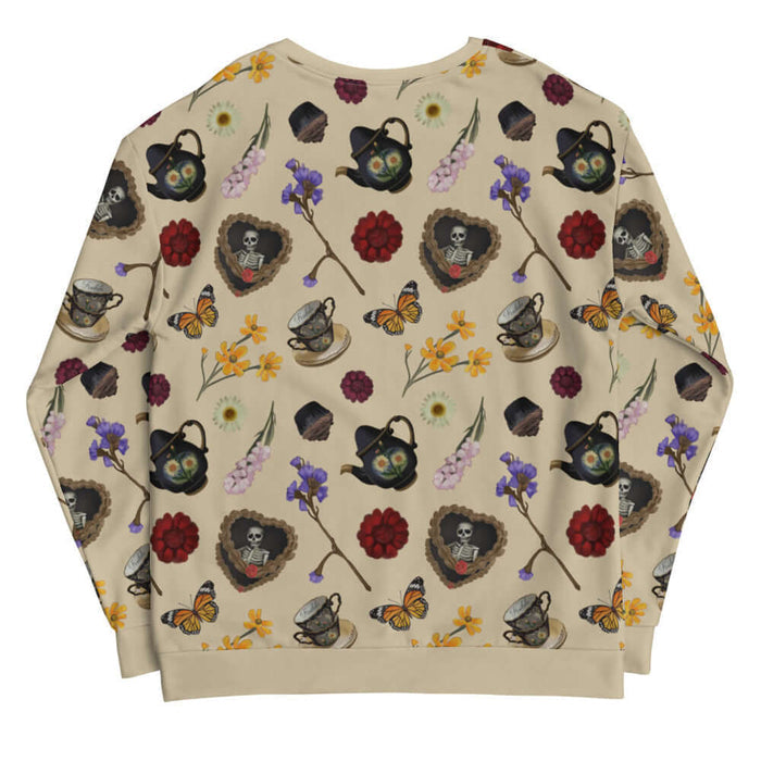 Gothic Tea Time sweatshirt in black with monarch butterflies and crimson dahlias, goth activewear
