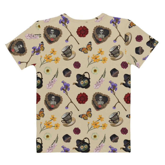 Gothic Tea Time t-shirt in black with monarch butterflies and crimson dahlias, gothic style