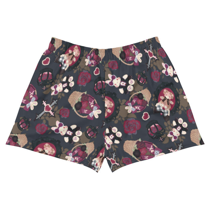 Gothic Teddy short shorts in mauve and charcoal with winged bunnies and black crowns, kawaii goth style