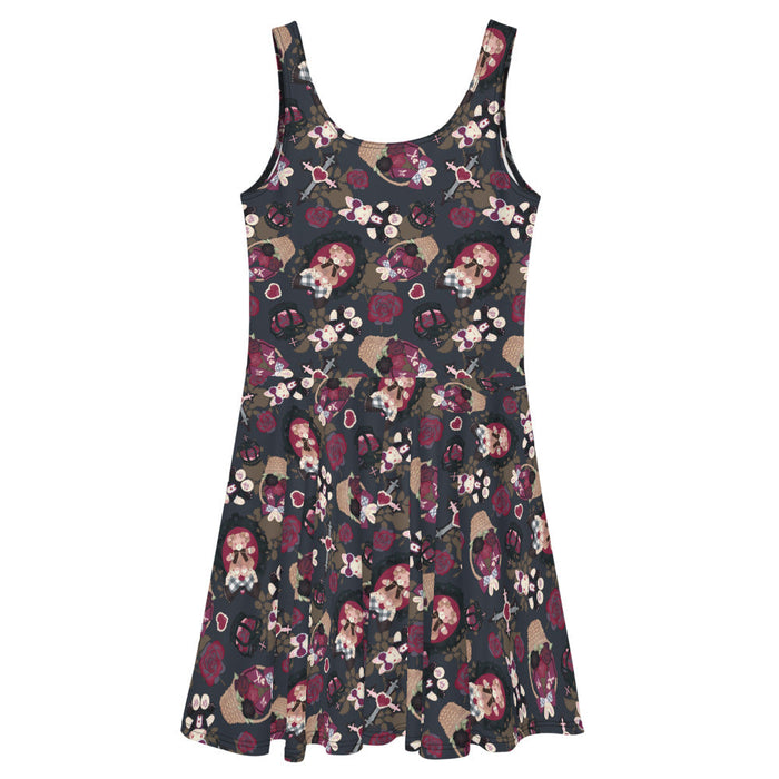 Gothic Teddy skater dress in mauve and charcoal with heart charms and thorny vines, alternative style