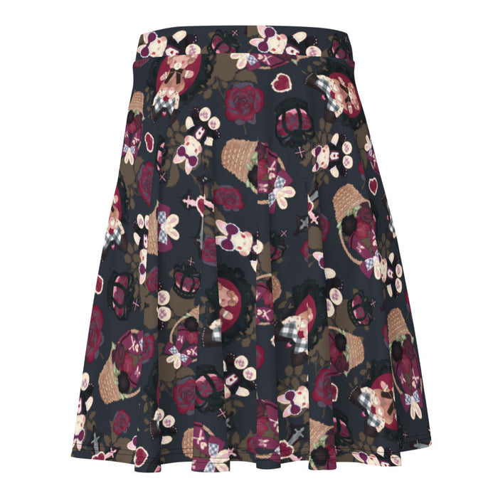 Gothic Teddy skater skirt in mauve and charcoal with grey-blue roses and black bows, goth activewear
