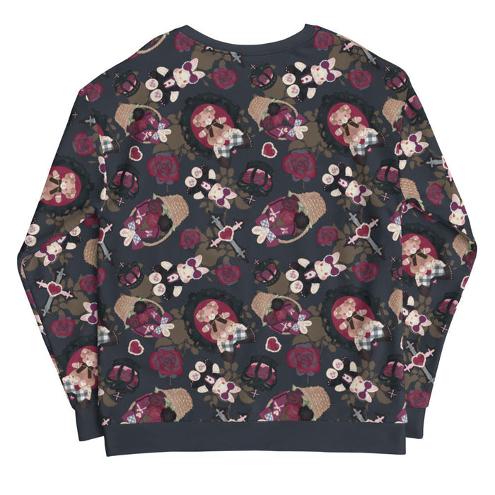Gothic Teddy sweatshirt in mauve and charcoal with grey-blue roses and black bows, pastel goth fit