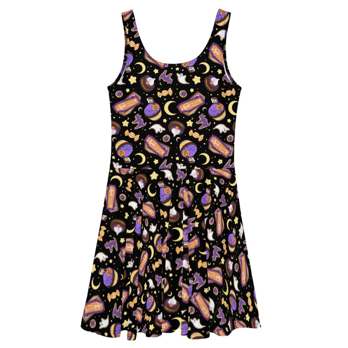 Halloween Treat alternative skater dress in black with wrapped candies and RIP cookies