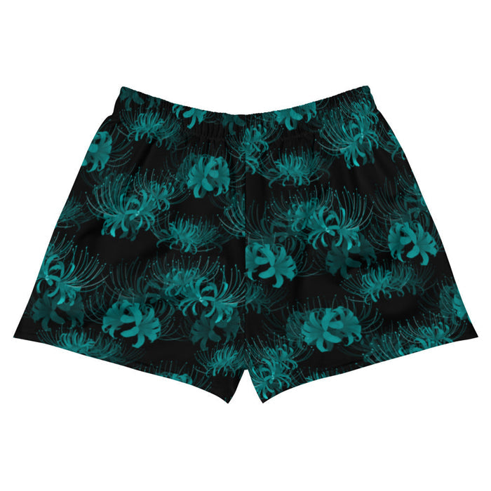 Higanbana gothic athletic shorts in black with red, blue and teal spider lily blooms