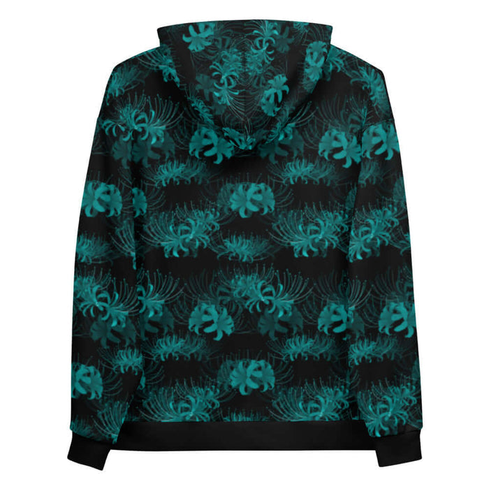 Higanbana gothic hoodie in teal with teal spider lily blooms on black