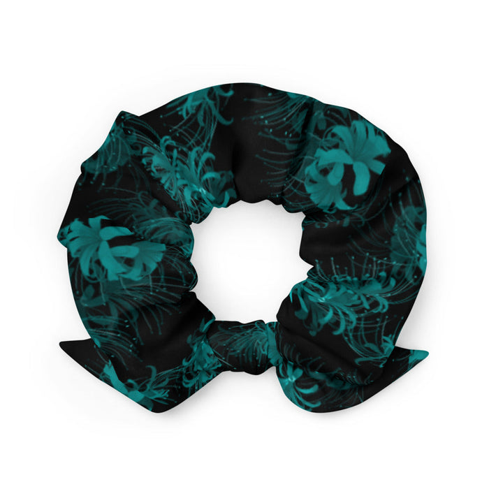 Higanbana gothic scrunchie in teal with teal spider lilies on black