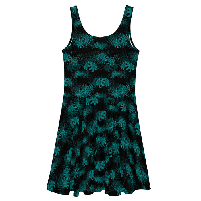 Higanbana gothic skater dress in teal with teal spider lily blooms on black