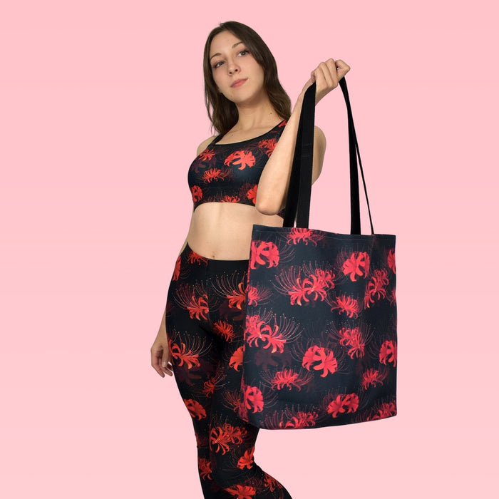 Stylish Higanbana Tote Bag (Red) featuring a vibrant Spider Lily print, perfect for gym or beach outings.
