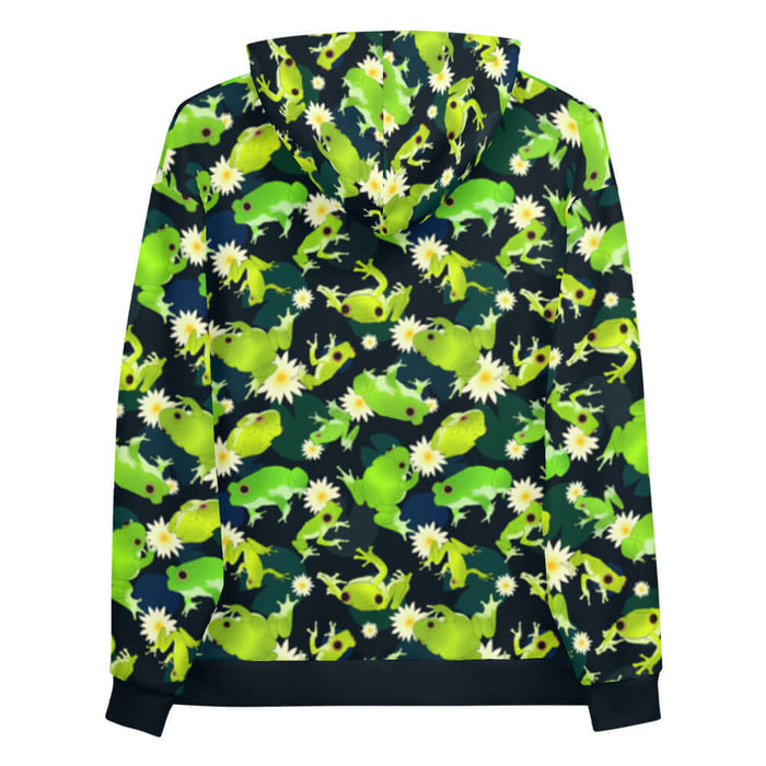 Kero-kero kawaii hoodie in green with plump green frogs and golden lily centers