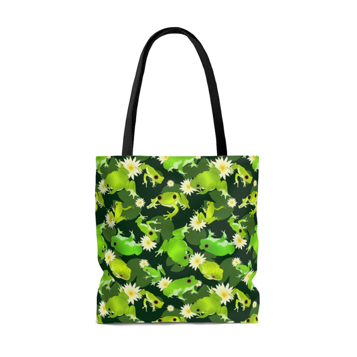 Kero-kero Tote Bag (Green) features vibrant frogs and flowers, perfect for eco-friendly fans of amphibians.