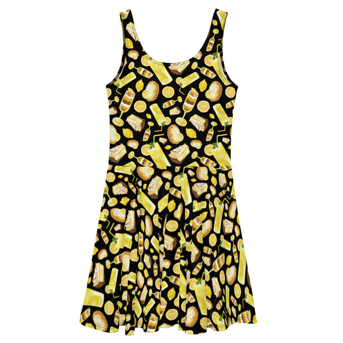 Lemon kawaii skater dress in yellow with a lemon meringue pie and glossy whole lemons