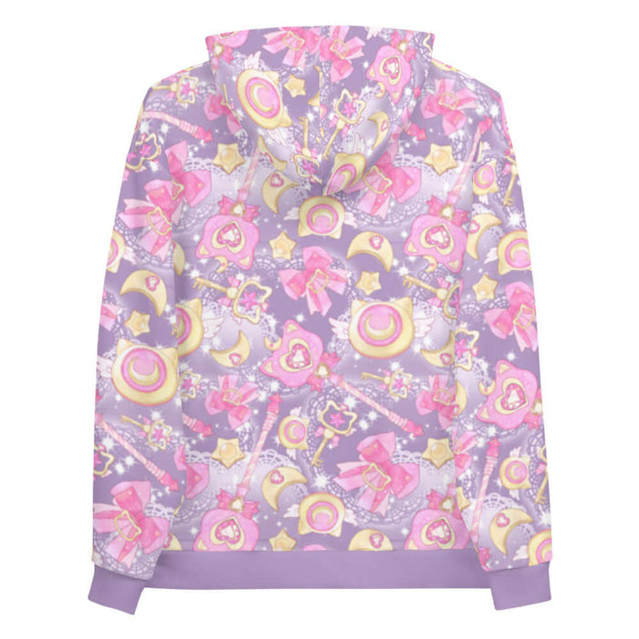 Magical Girl kawaii hoodie covered in magic scepters and heart gems, in pink or purple