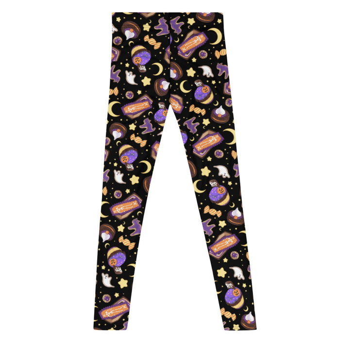 Halloween Treat alternative men's leggings in black with pumpkin cupcakes and ghost cookies
