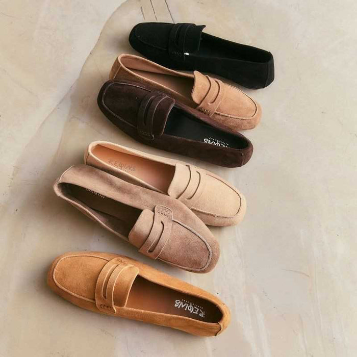 Close-up of REQINS - HEMA SUEDE LOAFER IN CAMEL, featuring a stitched design, decorative strap, leather insole, and soft textured finish for a classic and elegant look.