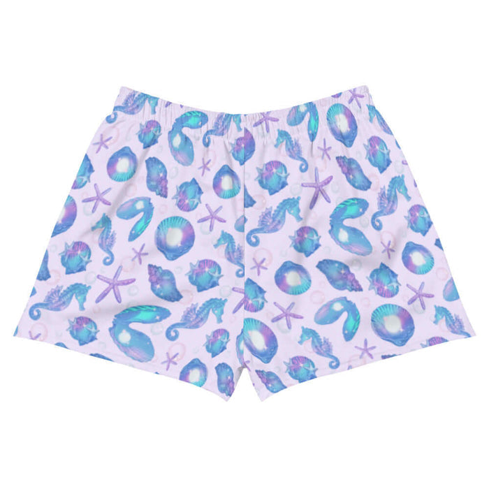 Sea Princess kawaii athletic short shorts with seahorses and scallop shells in pastel blue, pink and purple