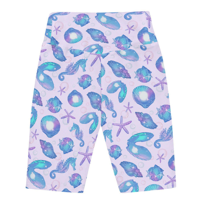 Sea Princess kawaii biker shorts with conch shells and scallop shells in pastel blue, pink and purple