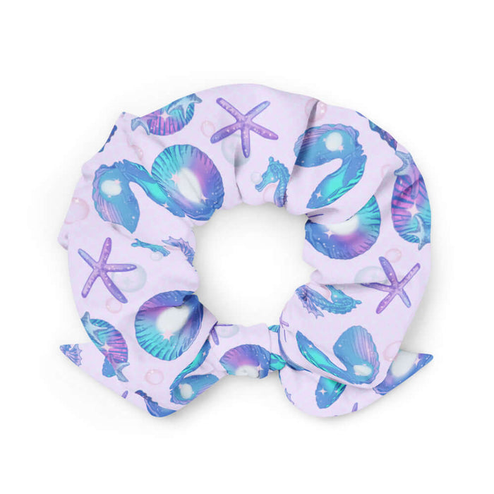 Sea Princess kawaii scrunchie with spiral shells and sea stars in pastel blue, pink and purple