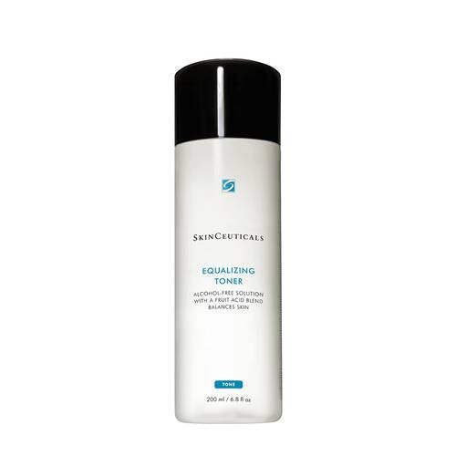 A white 200 ml bottle of SKINCEUTICALS EQUALIZING TONER with black cap, blue and black label. This alcohol-free exfoliating toner with hydroxy acids helps balance skin pH.