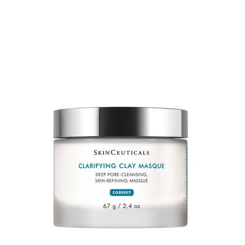 SKINCEUTICALS Clarifying Clay Mask, in a white container with blue text, is formulated by SKIN CEUTICALS for effective acne treatment.