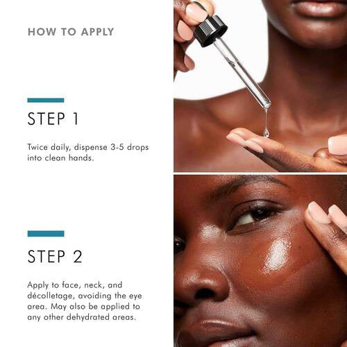 A clear glass bottle labeled “SKIN CEUTICALS HYDRATING B5 GEL” with a black dropper holds an oil-free serum formulated with vitamin B5 and hyaluronic acid for powerful hydration and moisture.