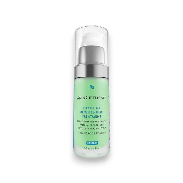 A bottle of SKINCEUTICALS - PHYTO A BRIGHTENING TREATMENT, a lightweight daily corrective moisturizer by SKIN CEUTICALS with azelaic acid, featuring a pump dispenser and clear cap.