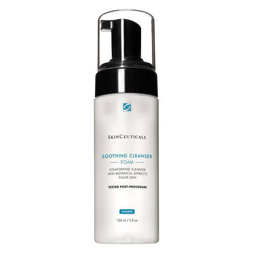 A 150 ml/5 fl oz bottle of SKINCEUTICALS SOOTHING CLEANSER FOAM by SKIN CEUTICALS features a black pump and clear cap. This gentle, soap-free cleanser calms sensitive skin and comes with a white label.