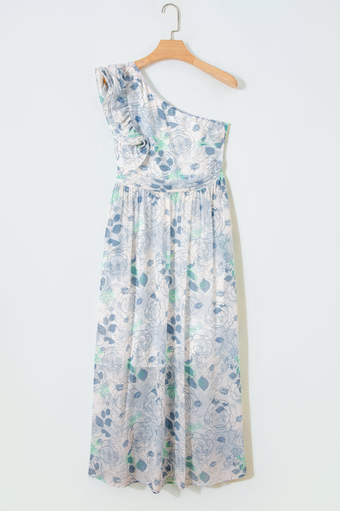 Sky Blue Floral Print Ruffled One Shoulder Vacation Maxi Dress 🇺🇸