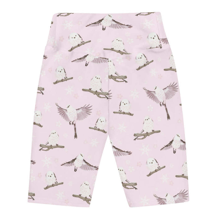 Snow Bird kawaii biker shorts in soft pastels with pink-cheeked enagas and crystalline snowflakes