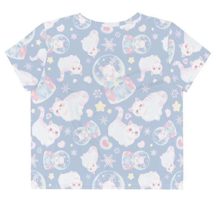 Snow Kitten kawaii crop top in blue with fluffy kittens and cream stars