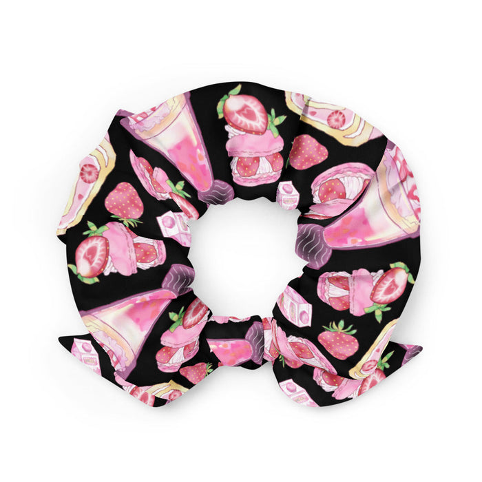 Pink kawaii Strawberry scrunchie with whipped cream swirls and milkshakes
