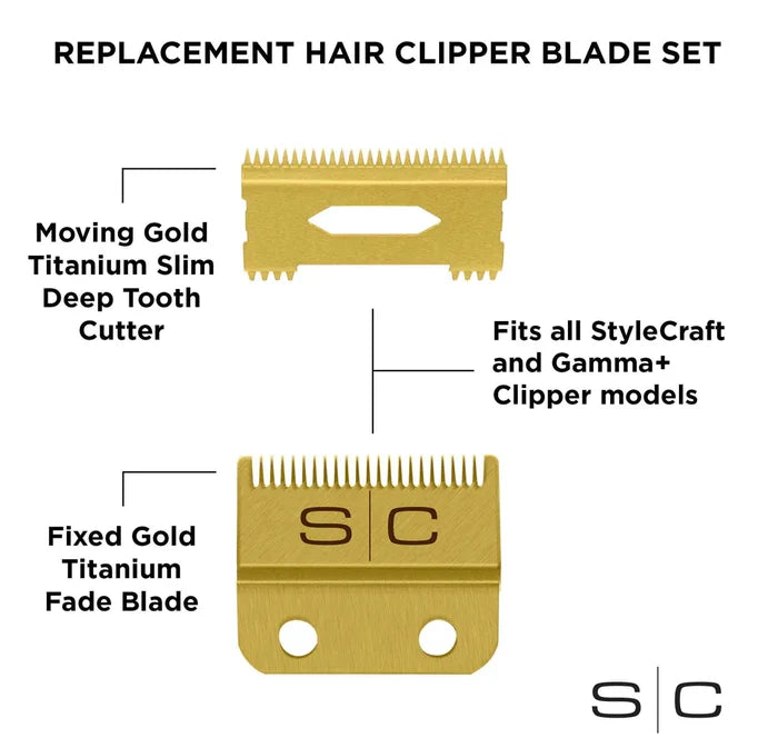 Stylecraft Gold Slim Deep Tooth Fixed Fade Clipper Blade with Gold Moving Slim Deep Tooth Blade